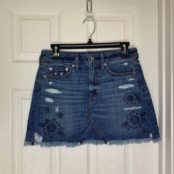 American Eagle Raw Hem Distressed Jean Skirt - Picture 1 of 6